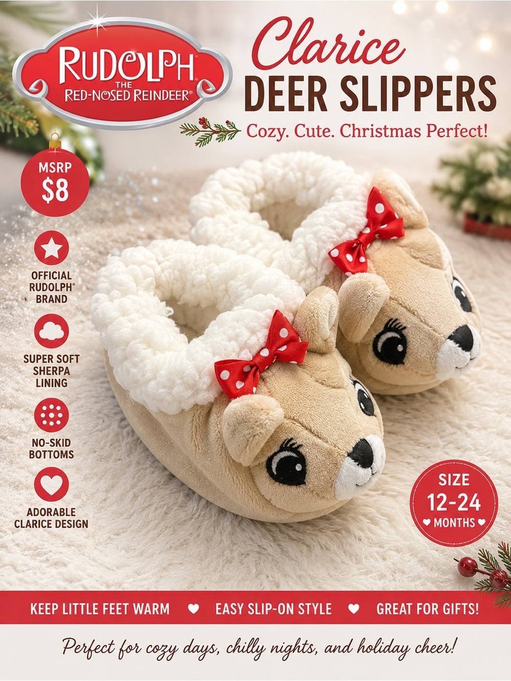 Rudolph Clarice Kids Deer Slippers - Beige with Cream Sherpa Lining